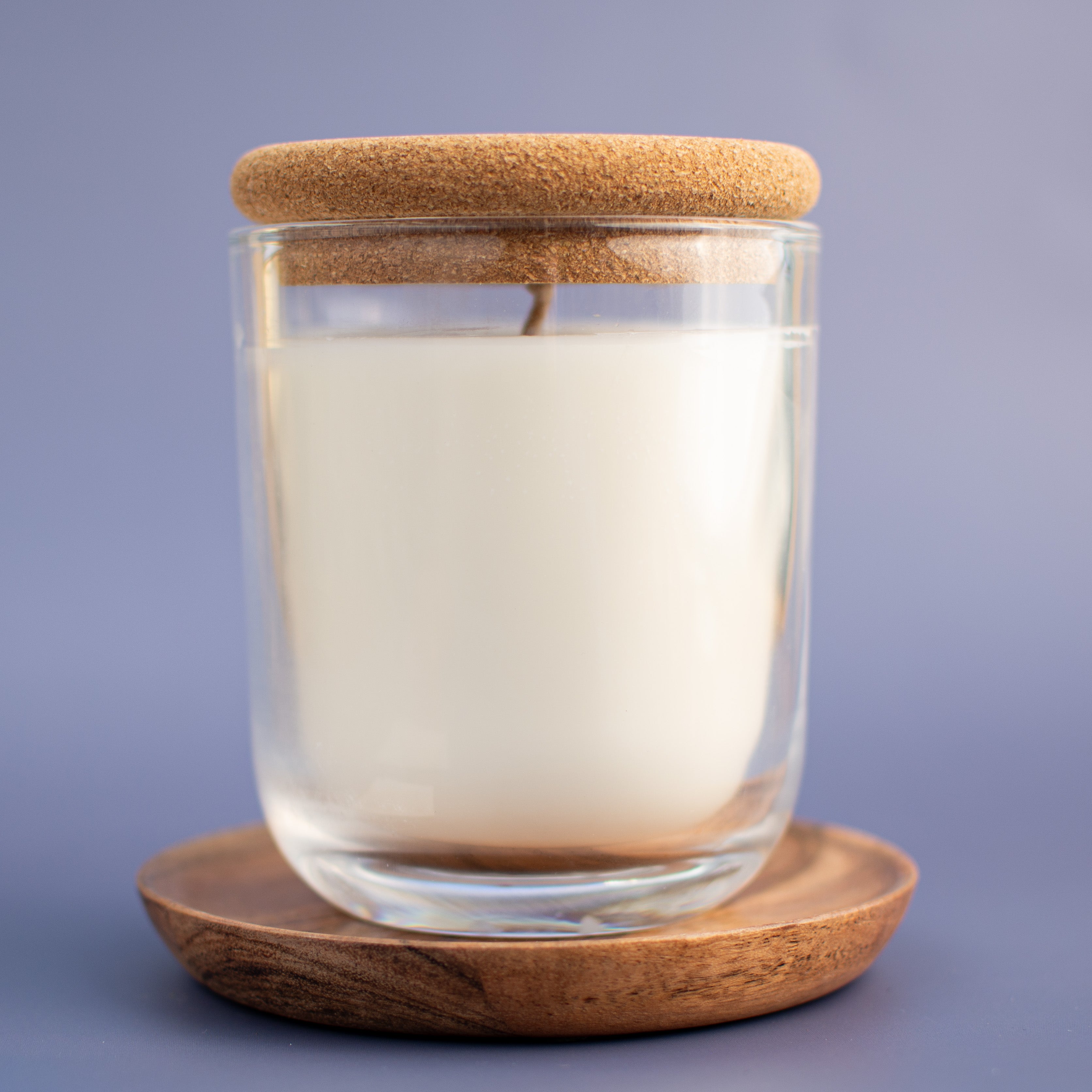 The Minneapolis unscented candle in thick walled clear glass jar with cork lid by Unscented Candle Company